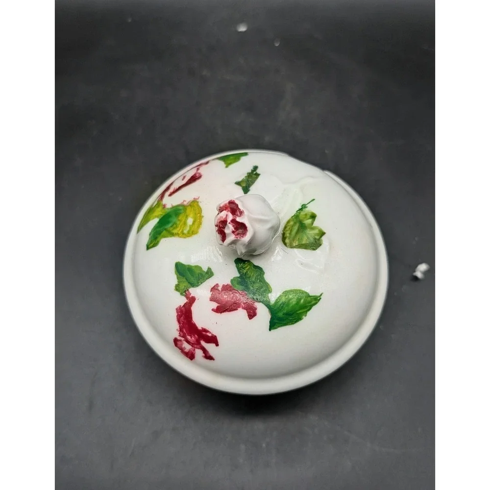 Antique Fürstenberg Porcelain Rose Sugar Sauce Bowl with Rosebud‎ Finial Lid 3